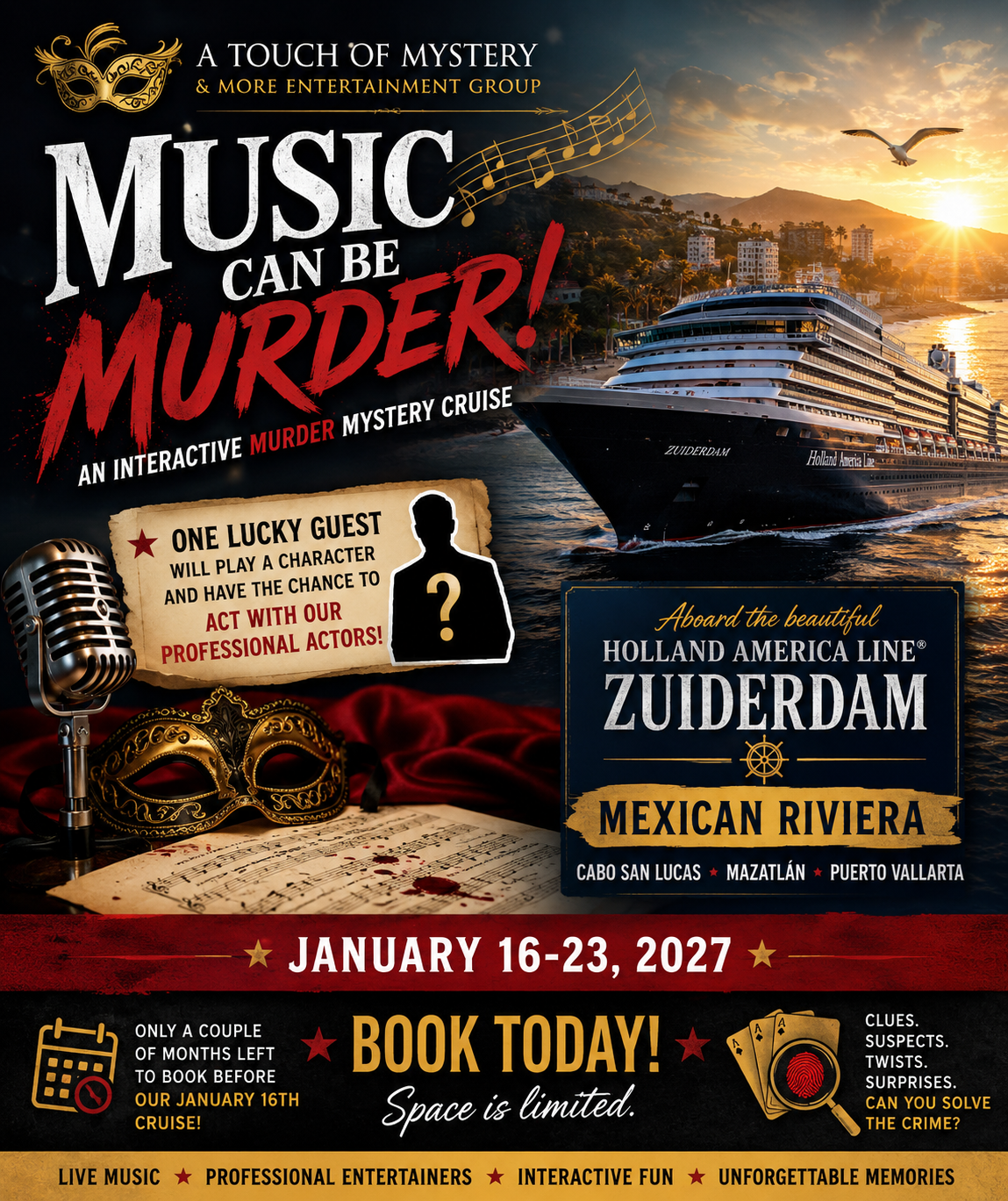 atom cruise blog + post Music Can Be Murder: Set Sail for a One-of-a-Kind Interactive Mystery Cruise in the Mexican Riviera